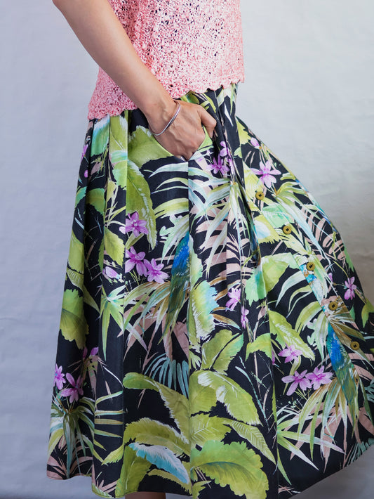 Vintage West German Tropical Print Cotton Flared Skirt