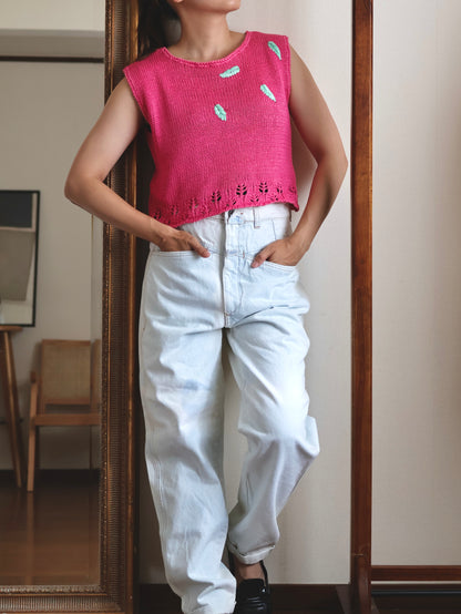 Vintage Leaf Embroidery Summer Knit Vest