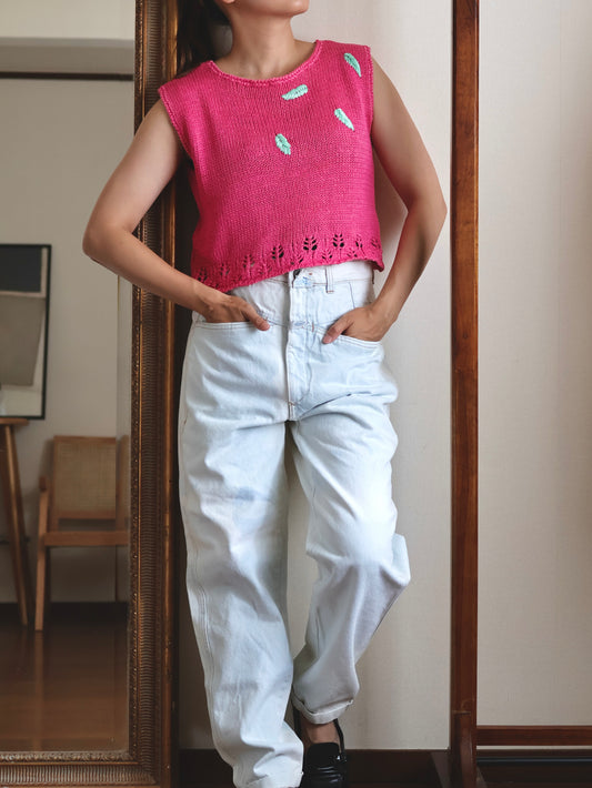 Vintage Leaf Embroidery Summer Knit Vest