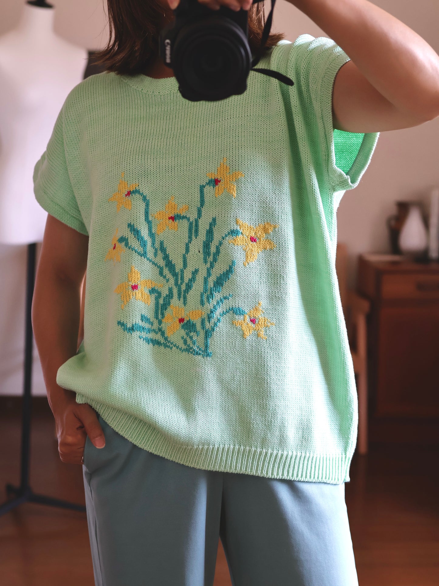 Vintage Floral Motif Cotton Summer Knit