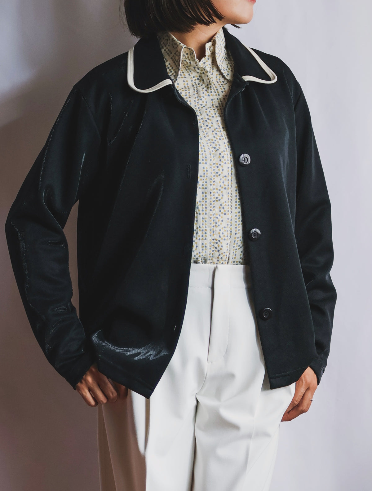 【sizeXL】1980’s Piping Round Collar Jersey Jacket