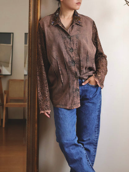 Lace Sleeve Decorative Collar Shirt