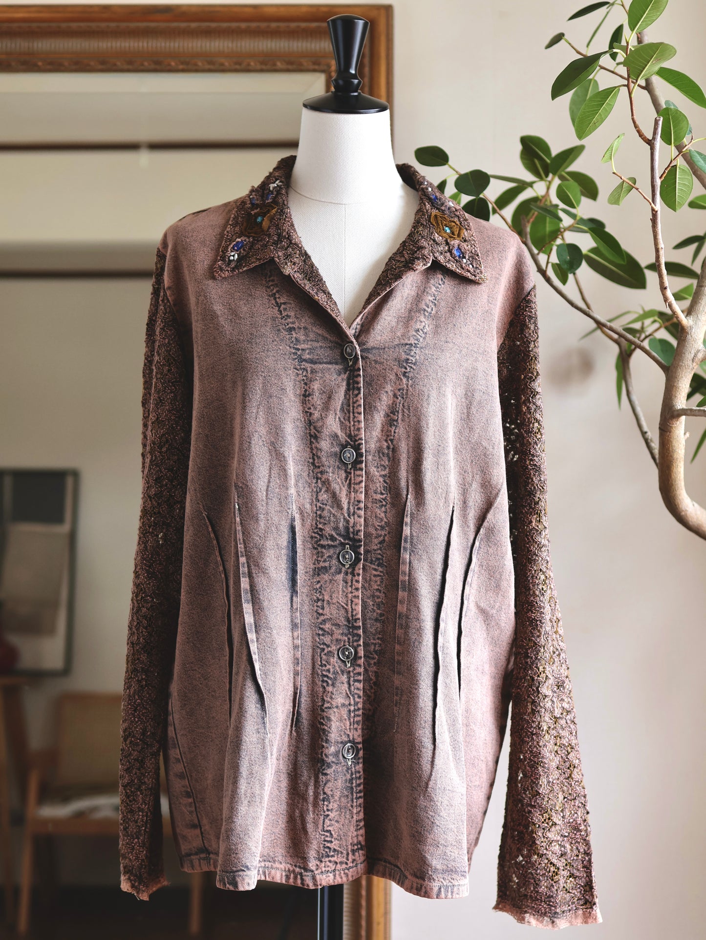 Lace Sleeve Decorative Collar Shirt