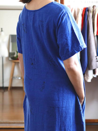 1990's Linen Rayon Primitive Print Dress