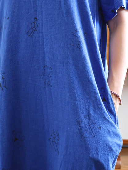 1990's Linen Rayon Primitive Print Dress