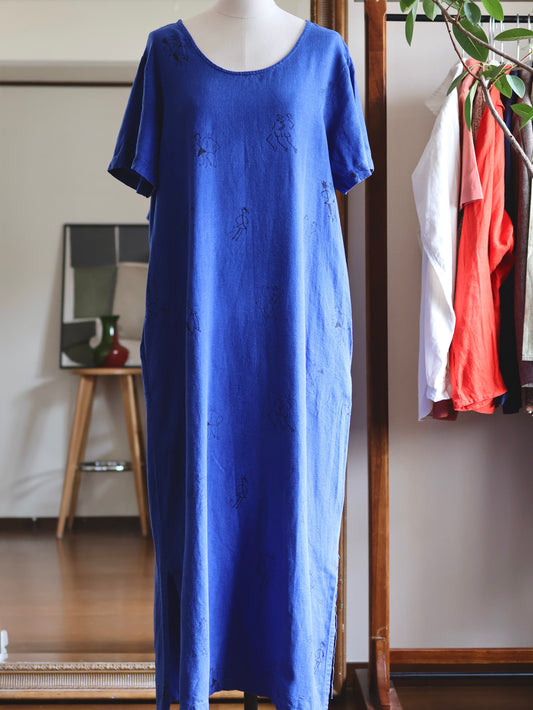 【sizeM-L】1990's Linen Rayon Primitive Print Dress