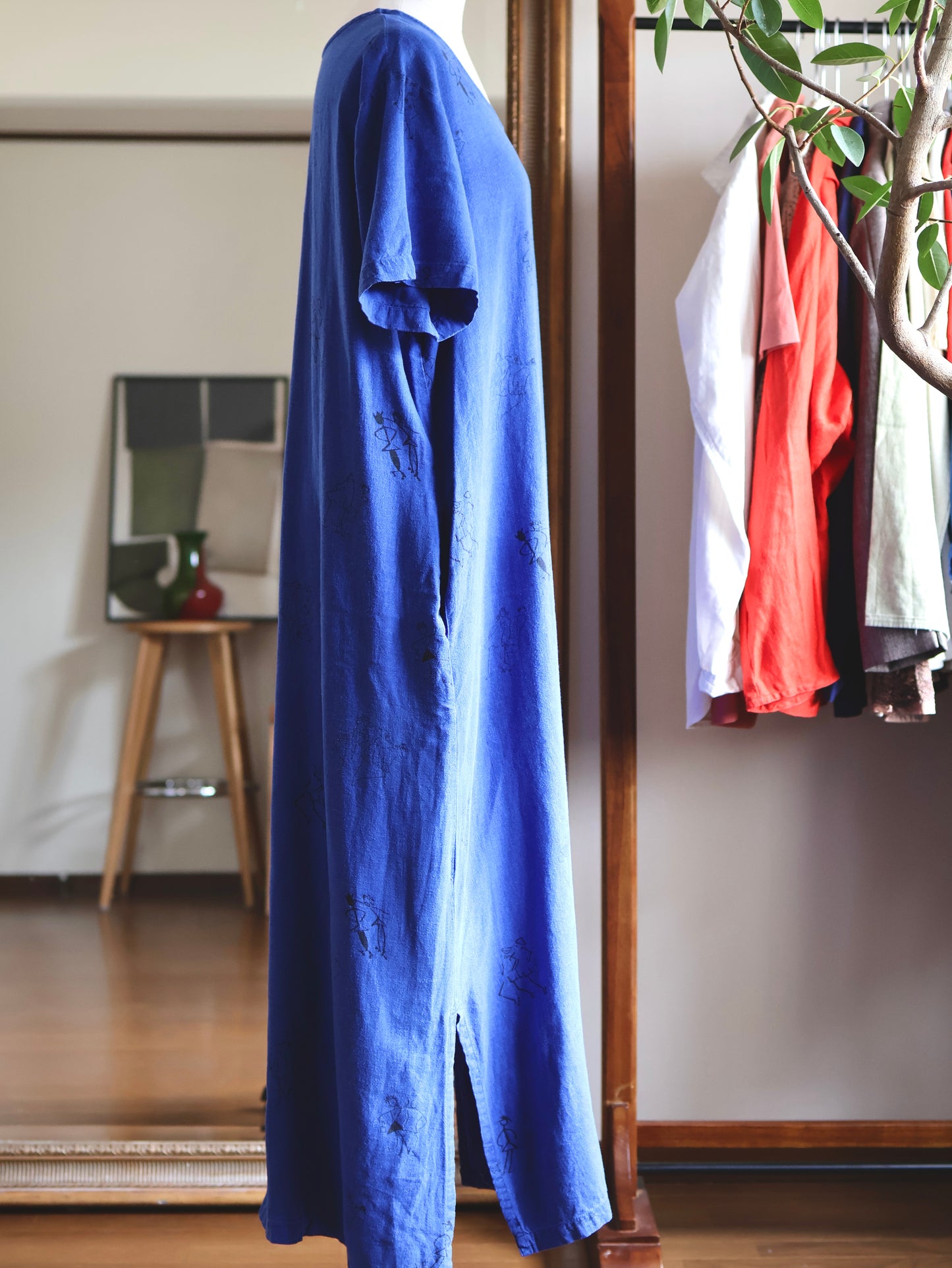 1990's Linen Rayon Primitive Print Dress