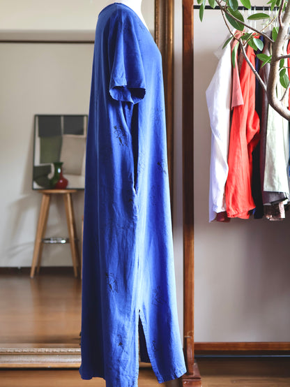 1990's Linen Rayon Primitive Print Dress
