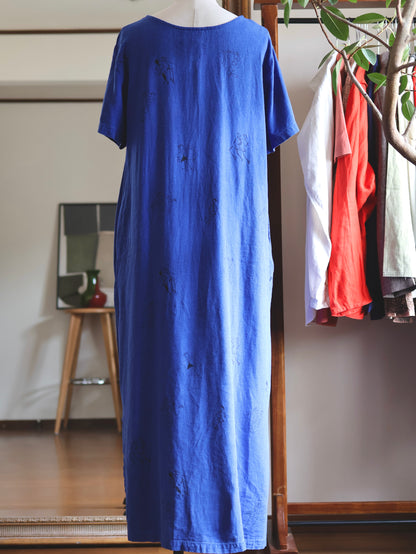 1990's Linen Rayon Primitive Print Dress