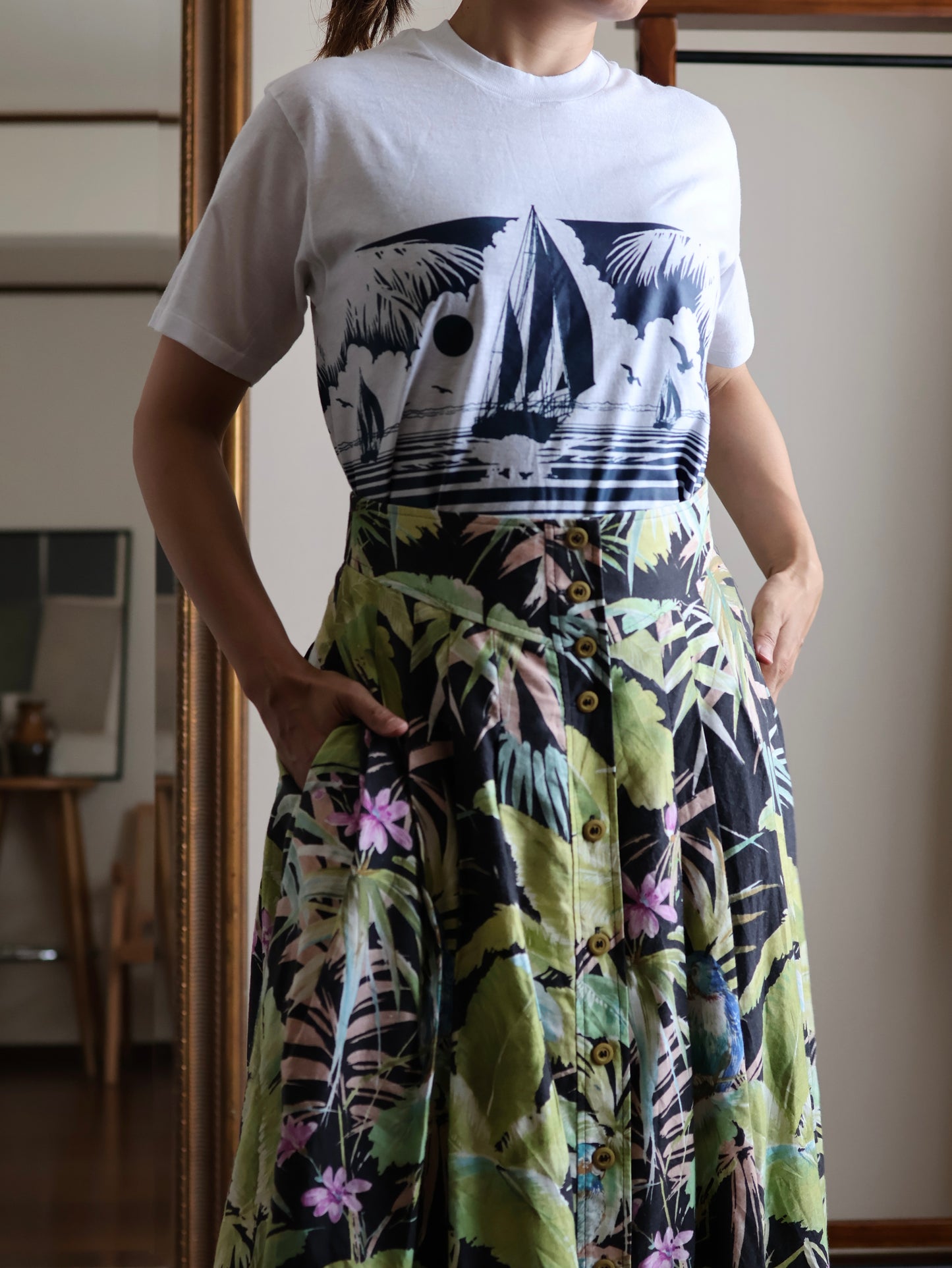 Vintage West German Tropical Print Cotton Flared Skirt