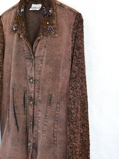Lace Sleeve Decorative Collar Shirt