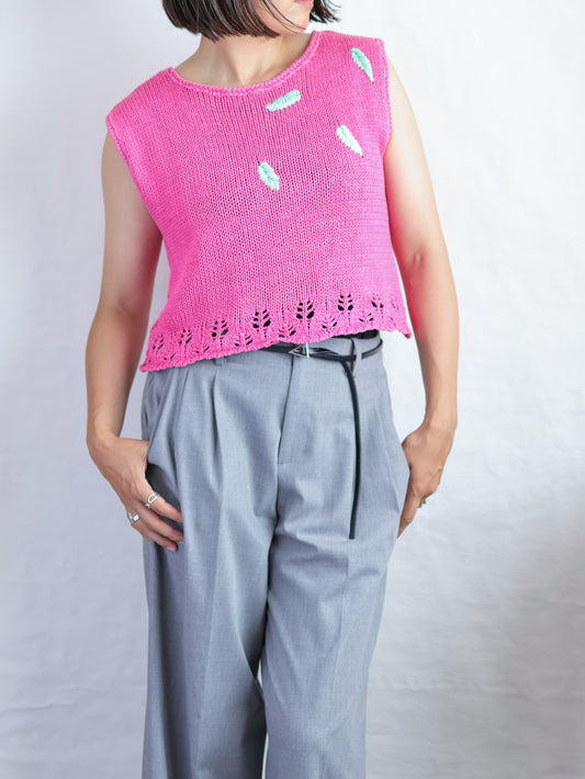 Vintage Leaf Embroidery Summer Knit Vest