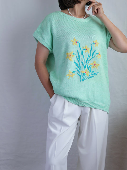 Vintage Floral Motif Cotton Summer Knit