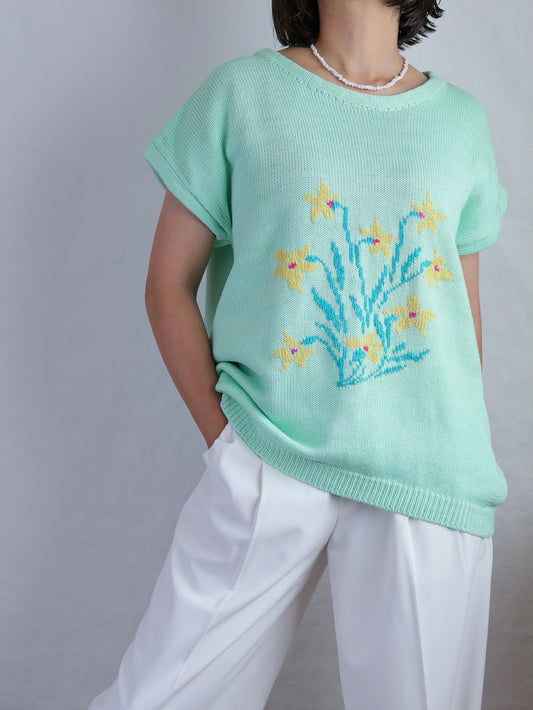 Vintage Floral Motif Cotton Summer Knit