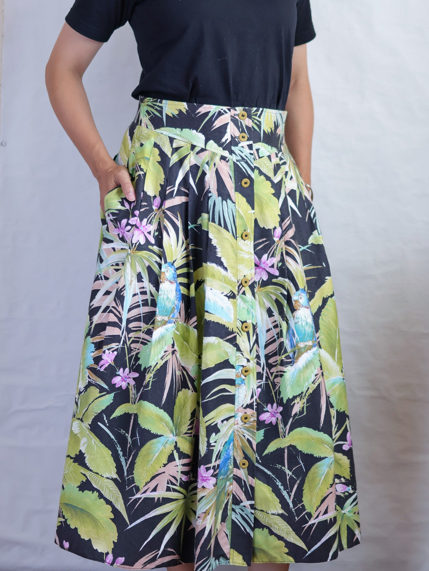 Vintage West German Tropical Print Cotton Flared Skirt