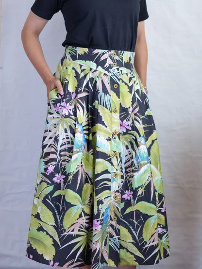 Vintage West German Tropical Print Cotton Flared Skirt