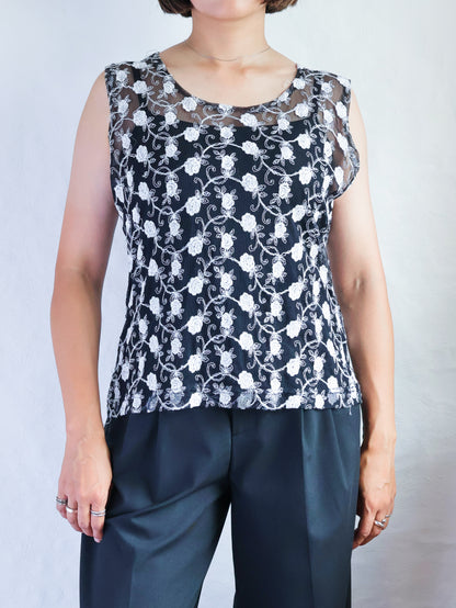 Floral Embroidery Mesh Sleeveless Top