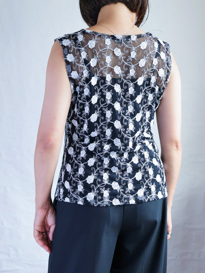 Floral Embroidery Mesh Sleeveless Top