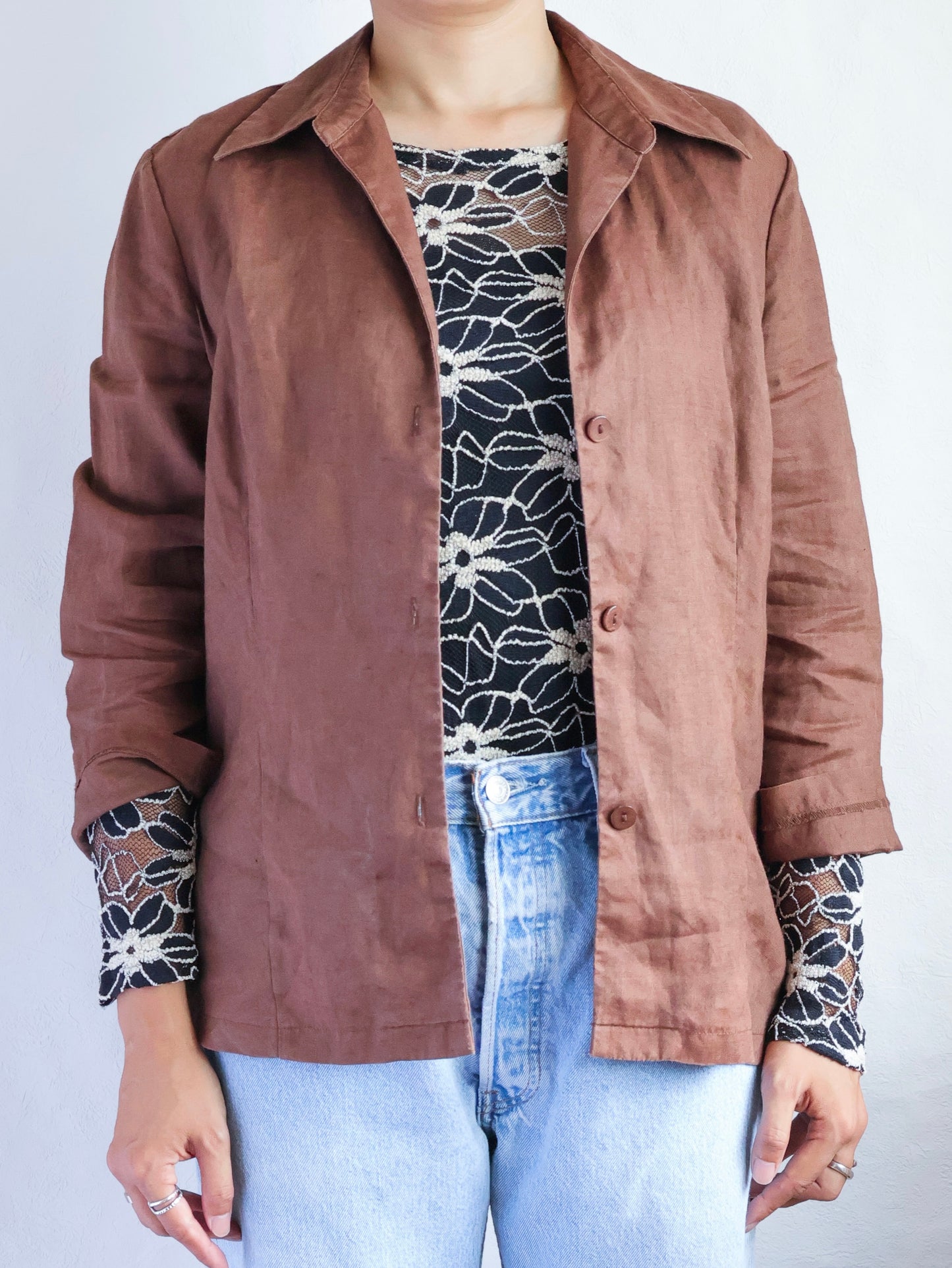 Linen Ramie Open Collar Shirt Jacket