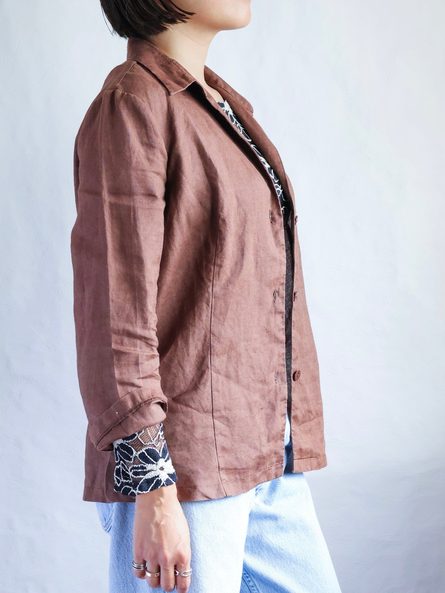Linen Ramie Open Collar Shirt Jacket