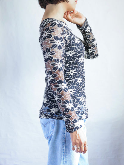 Floral Mesh Lace Sheer Top