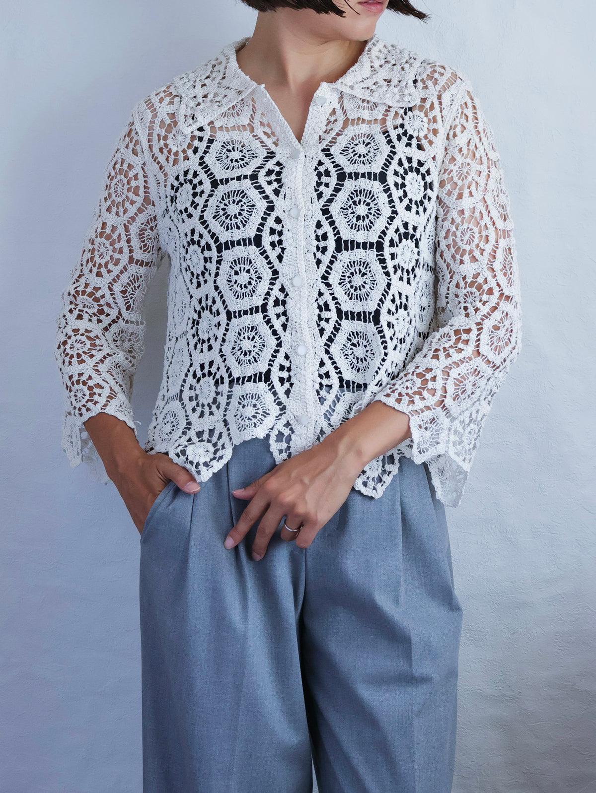 【sizeS-M】1990’s Crochet Lace Shirt