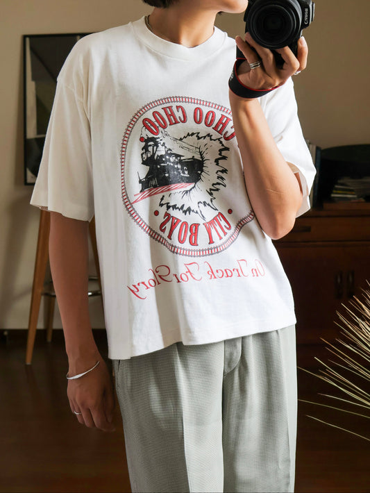【sizeM-L】1990's Train Graphic Tee (Remake / MADE IN USA)