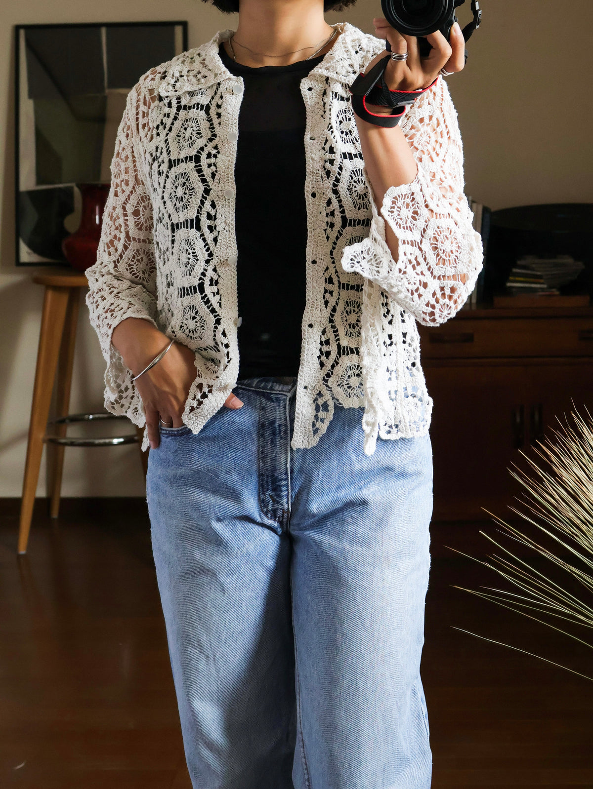 【sizeS-M】1990’s Crochet Lace Shirt