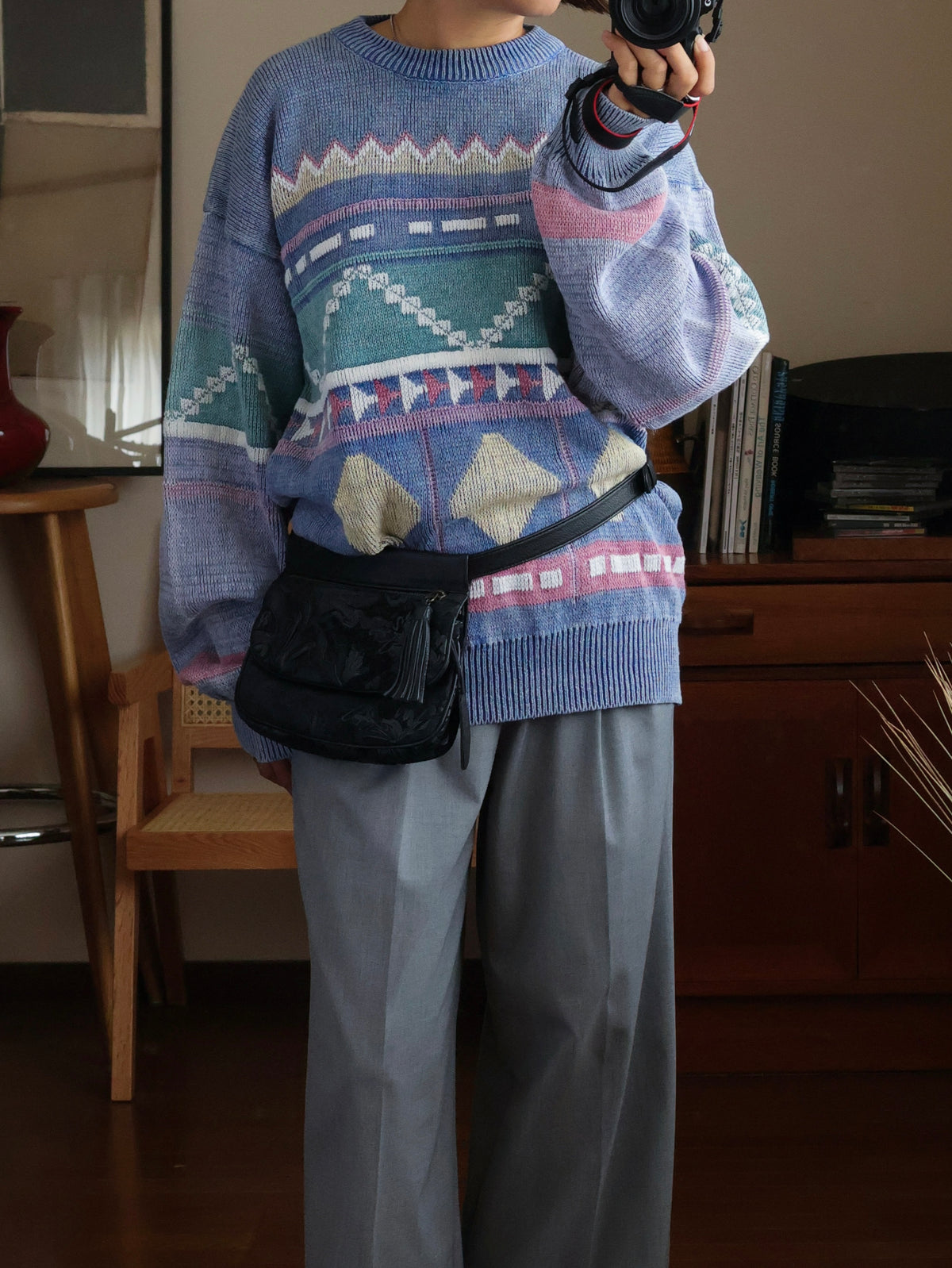 【sizeL-LL】1990’s Geometric Pattern Ramie Cotton Sweater
