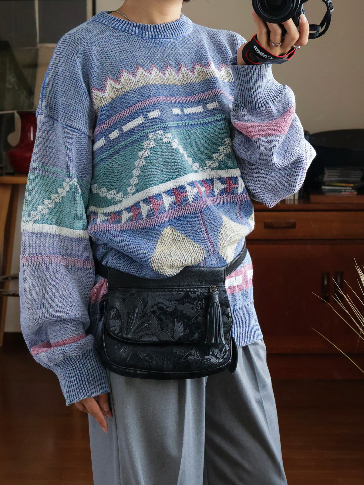【sizeL-LL】1990’s Geometric Pattern Ramie Cotton Sweater