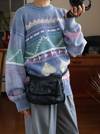 【sizeL-LL】1990’s Geometric Pattern Ramie Cotton Sweater