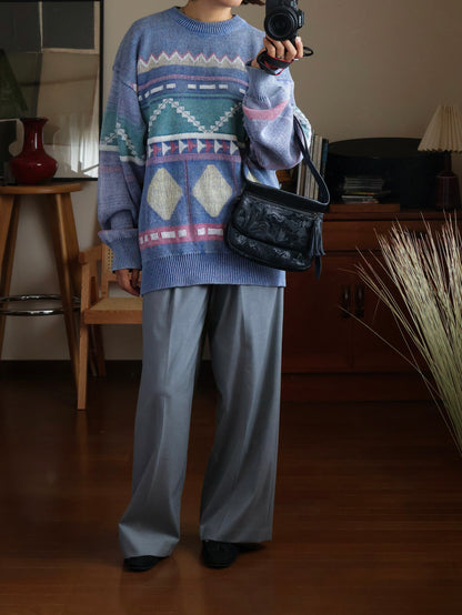 【sizeL-LL】1990’s Geometric Pattern Ramie Cotton Sweater