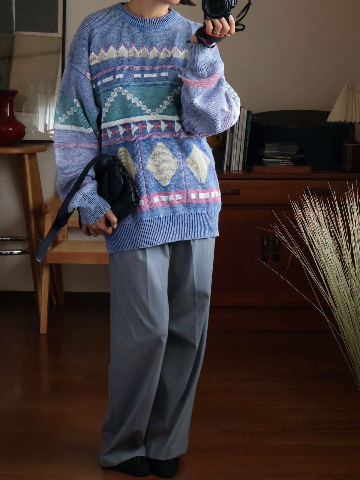 【sizeL-LL】1990’s Geometric Pattern Ramie Cotton Sweater