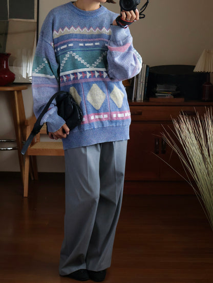 【sizeL-LL】1990’s Geometric Pattern Ramie Cotton Sweater