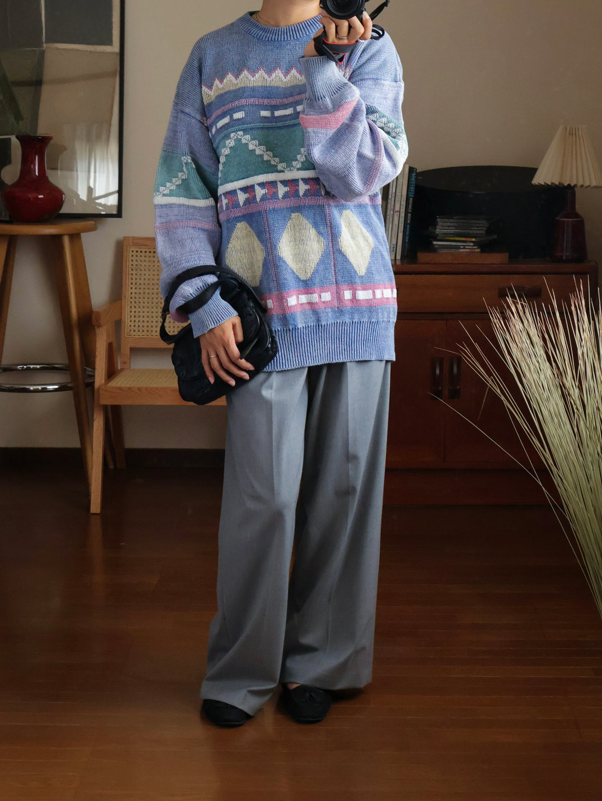 【sizeL-LL】1990’s Geometric Pattern Ramie Cotton Sweater