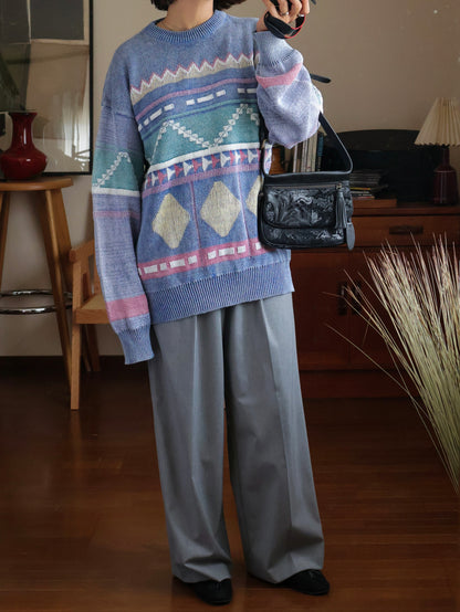 【sizeL-LL】1990’s Geometric Pattern Ramie Cotton Sweater