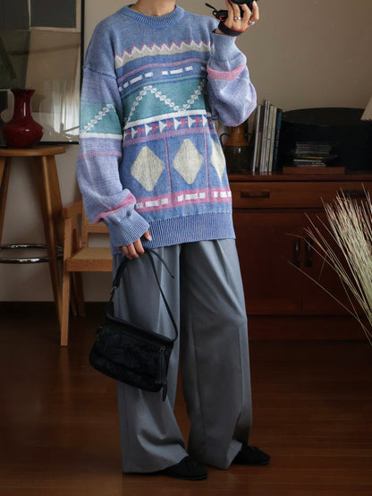 【sizeL-LL】1990’s Geometric Pattern Ramie Cotton Sweater