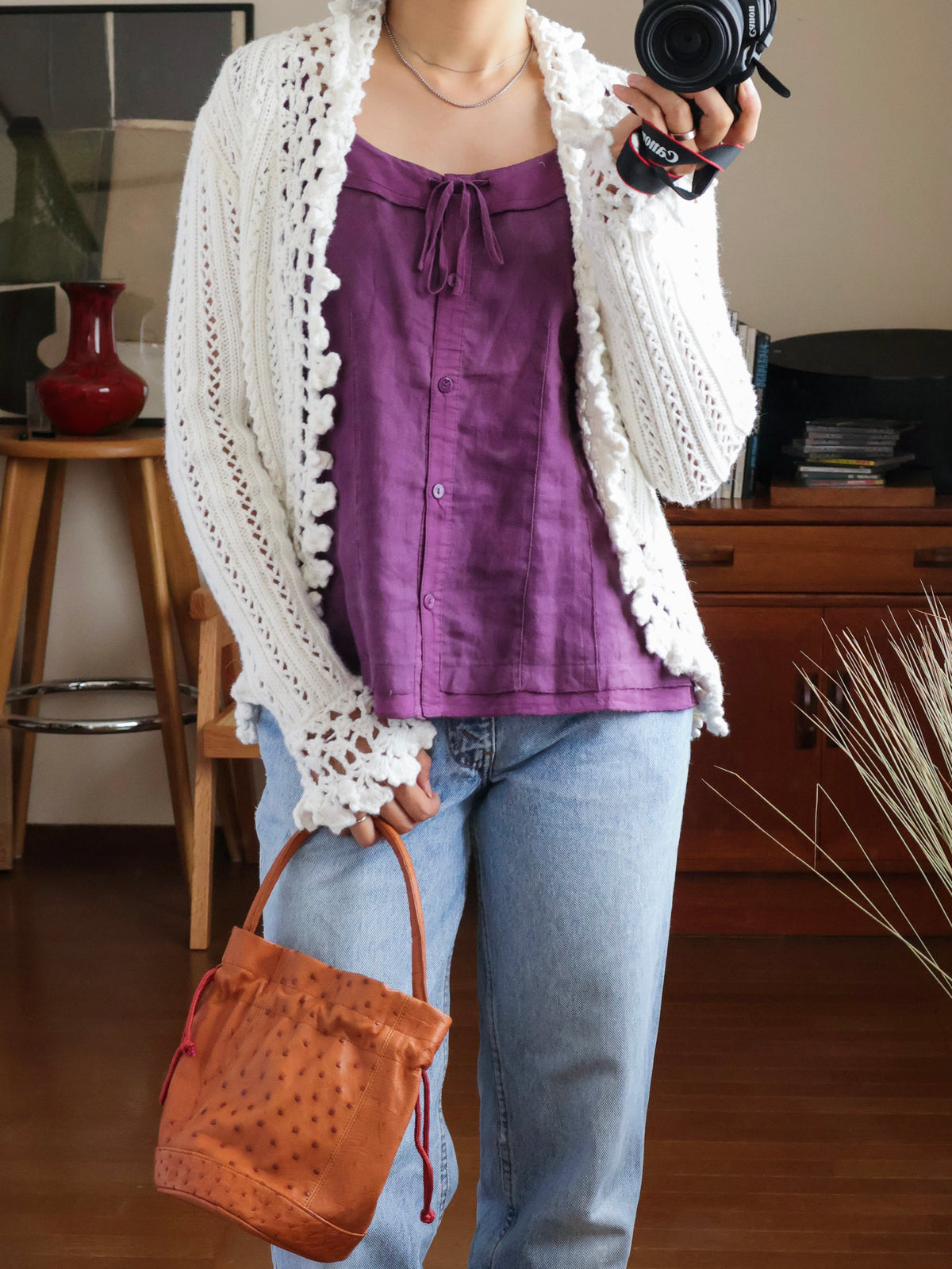【sizeS】2000’s Crochet Trim Ramie Cotton Open Knit Cardigan