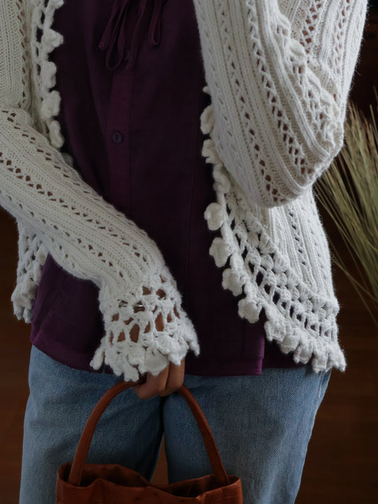 【sizeS】2000’s Crochet Trim Ramie Cotton Open Knit Cardigan