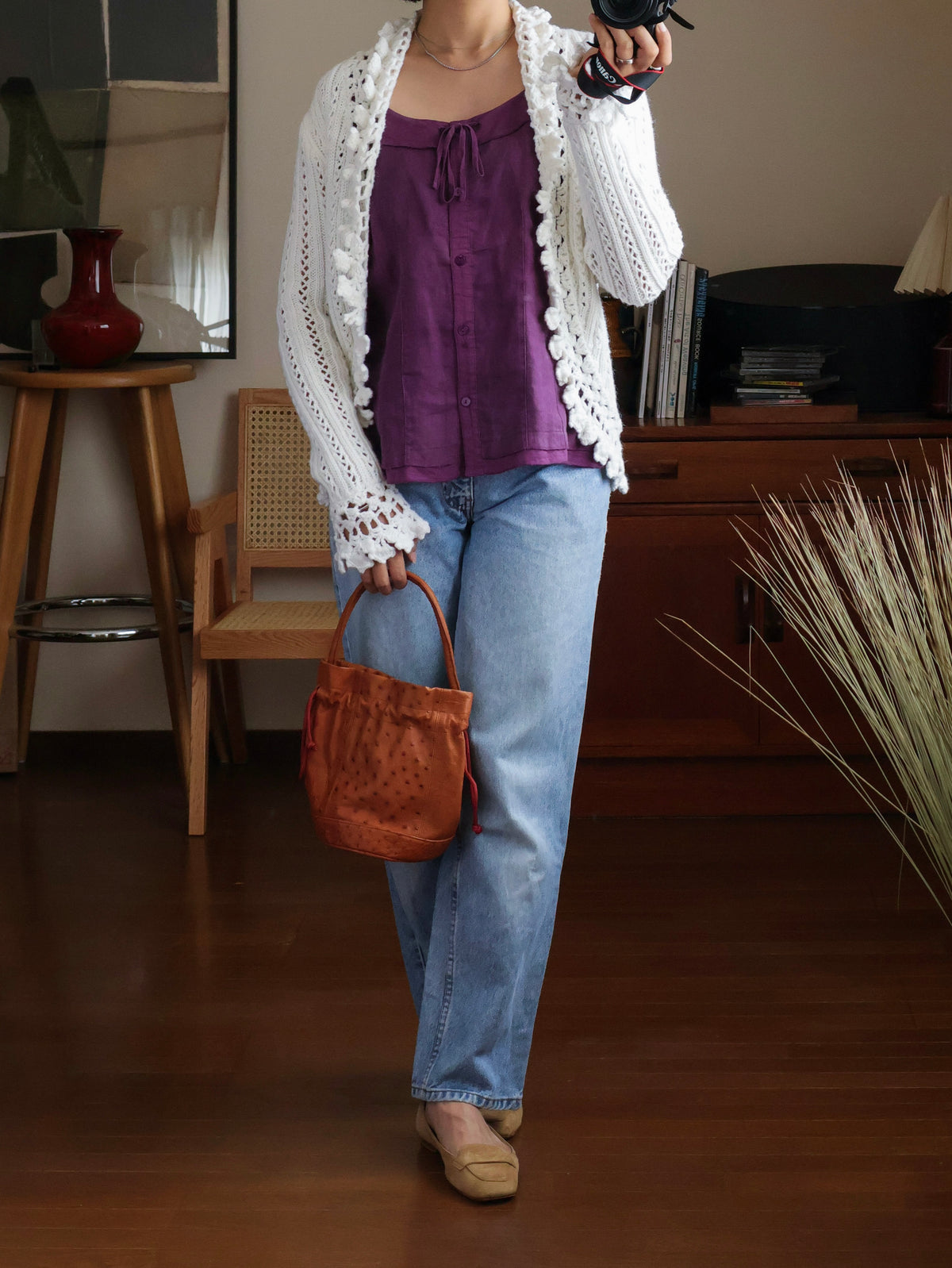 【sizeS】2000’s Crochet Trim Ramie Cotton Open Knit Cardigan
