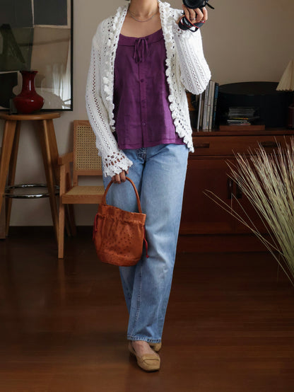 【sizeS】2000’s Crochet Trim Ramie Cotton Open Knit Cardigan