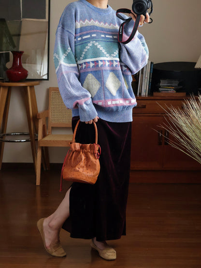 【sizeL-LL】1990’s Geometric Pattern Ramie Cotton Sweater