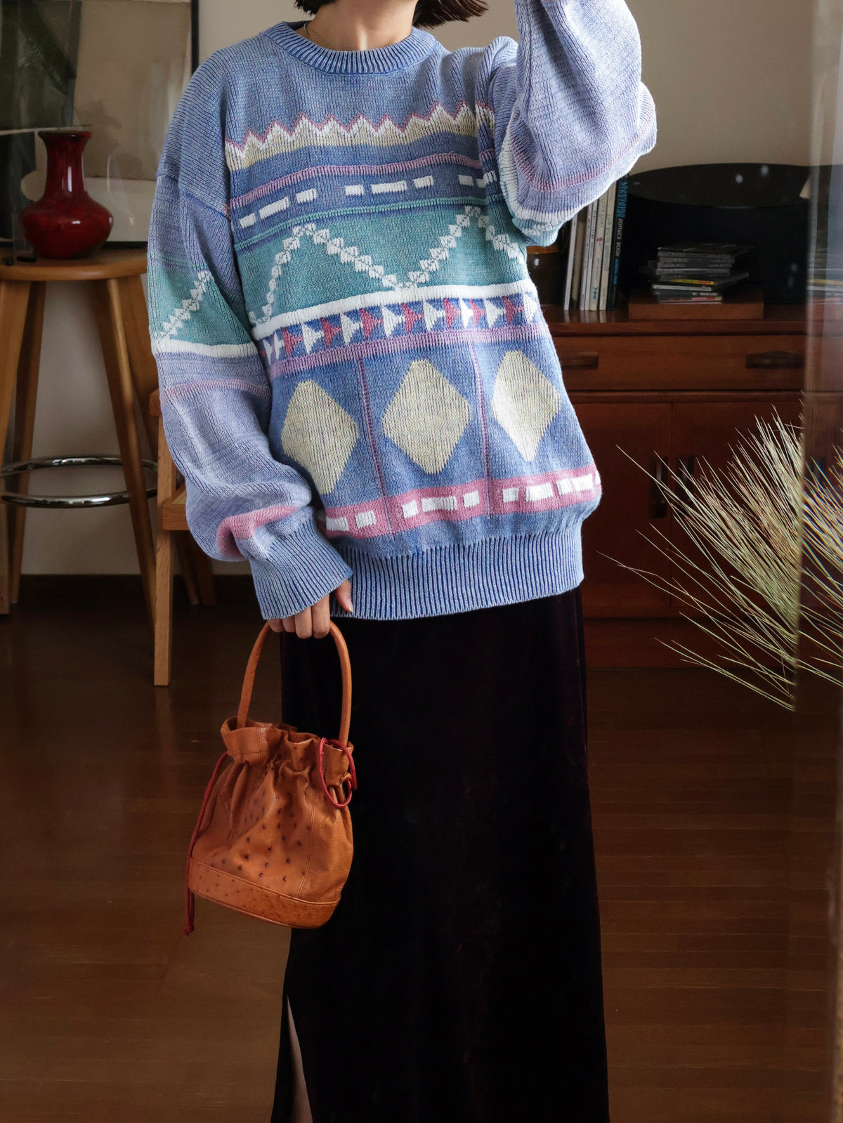 【sizeL-LL】1990’s Geometric Pattern Ramie Cotton Sweater