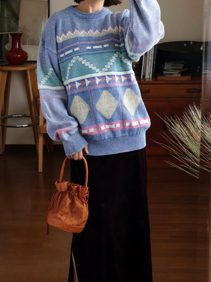 【sizeL-LL】1990’s Geometric Pattern Ramie Cotton Sweater