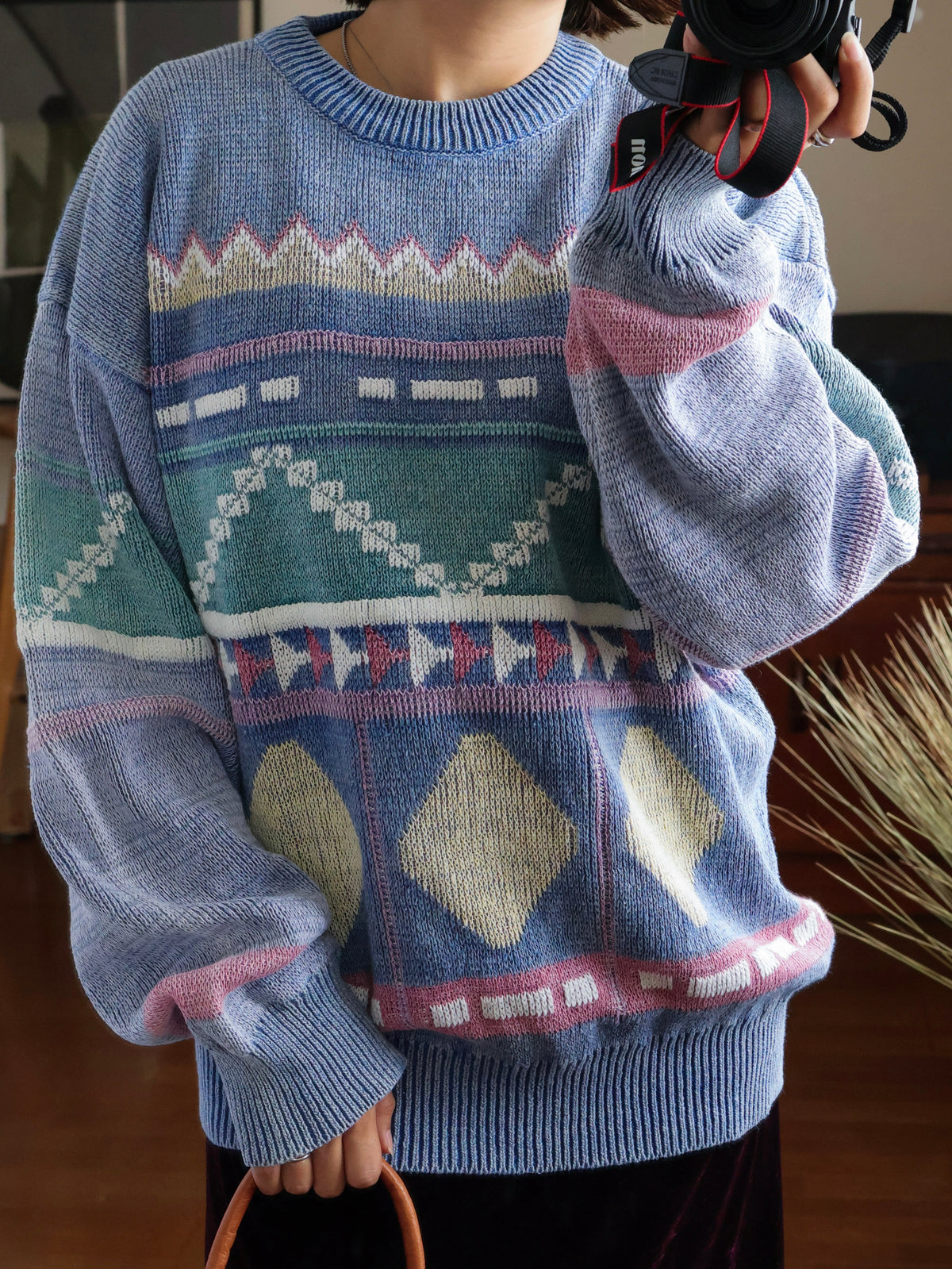 【sizeL-LL】1990’s Geometric Pattern Ramie Cotton Sweater