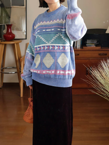 【sizeL-LL】1990’s Geometric Pattern Ramie Cotton Sweater