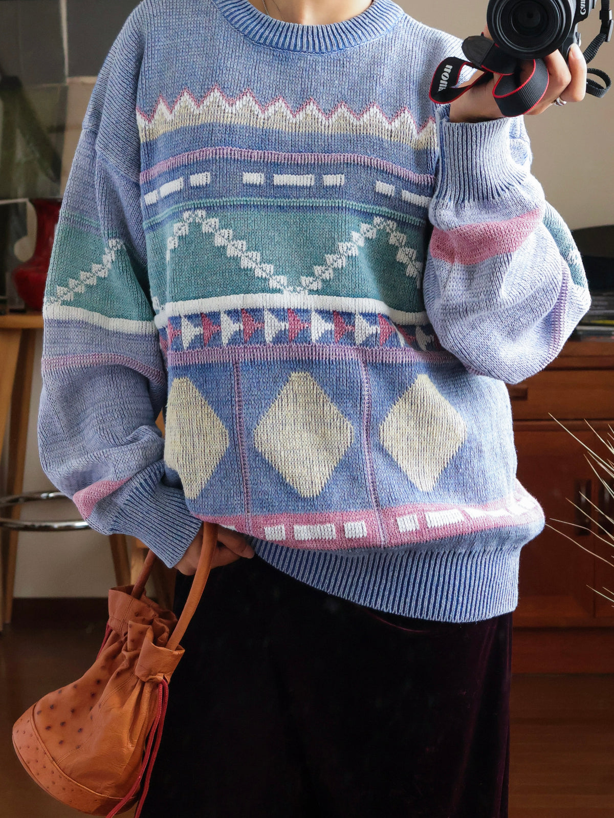【sizeL-LL】1990’s Geometric Pattern Ramie Cotton Sweater