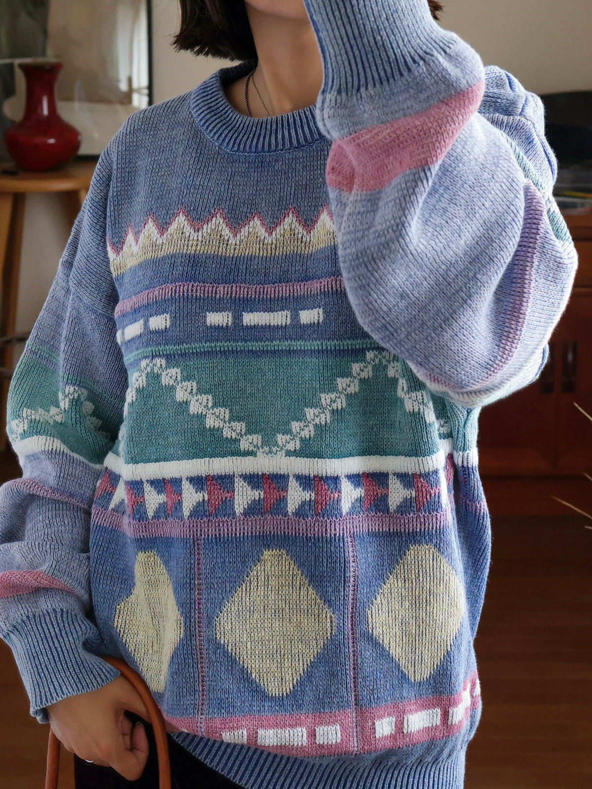 【sizeL-LL】1990’s Geometric Pattern Ramie Cotton Sweater