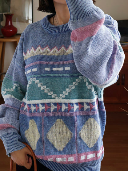 【sizeL-LL】1990’s Geometric Pattern Ramie Cotton Sweater