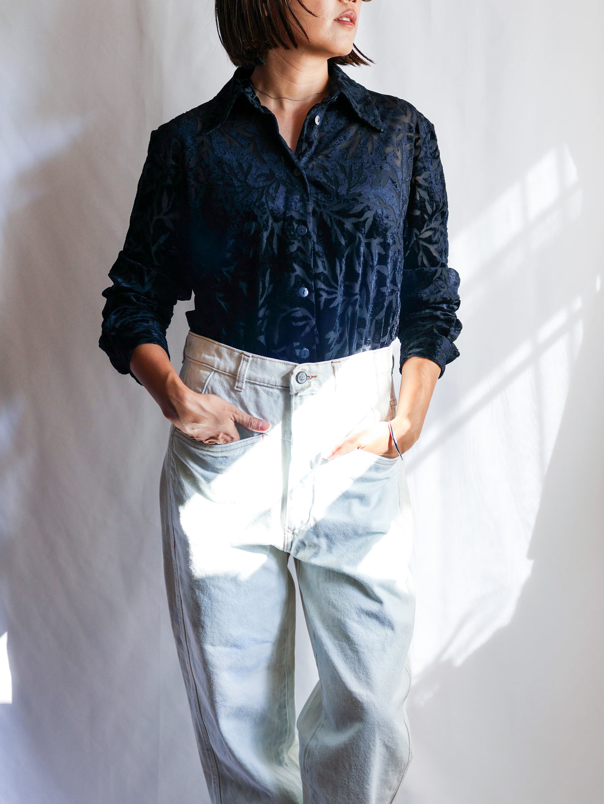 【sizeXL】1990’s Sheer Velvet Leaf Pattern Shirt